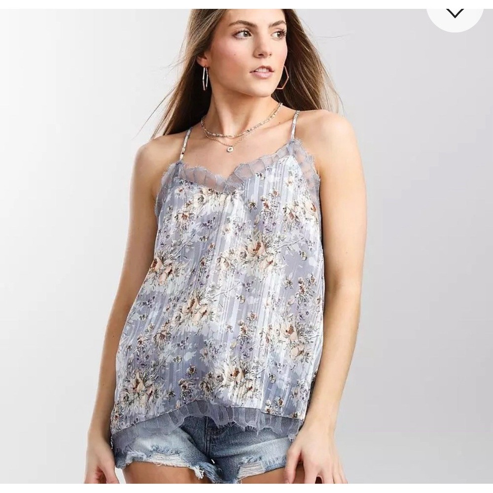 Miss Me Metallic Lace Trim Tank Top‎ Blue Floral Sz XS Adjustable Straps